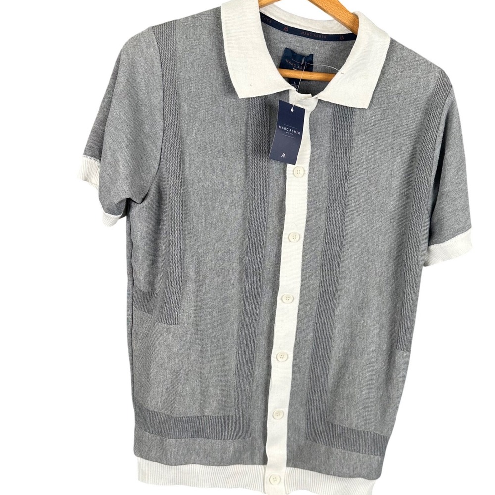 Marc Asher Grey Knit Button Up Polo Shirt Mens Large MAW-3313 Retro Short Sleeve